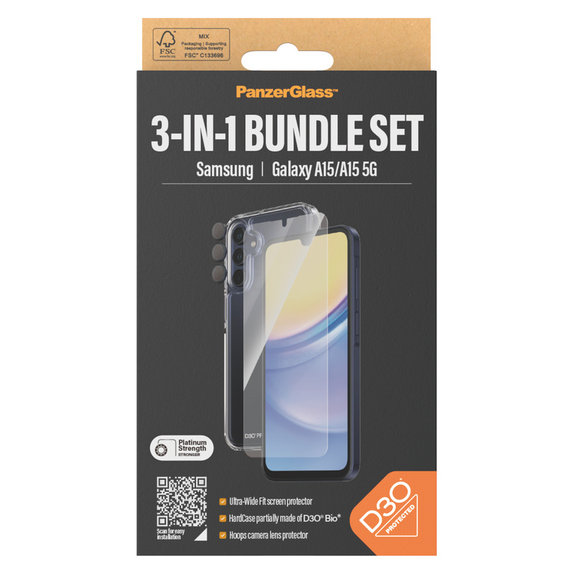 Bundle Hoops + Tempered Glass UWF + Hard Case D3O for Samsung Galaxy A15/A15 5G, PanzerGlass