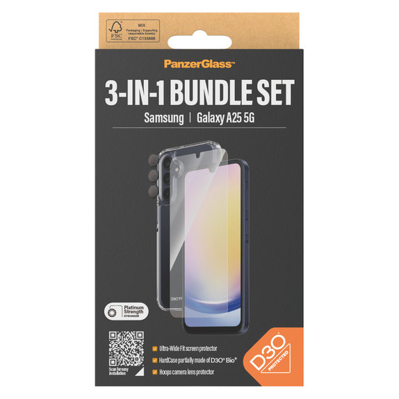 Bundle Hoops + Tempered Glass UWF + Hard Case D3O for Samsung Galaxy A25 5G, Transparent, PanzerGlass