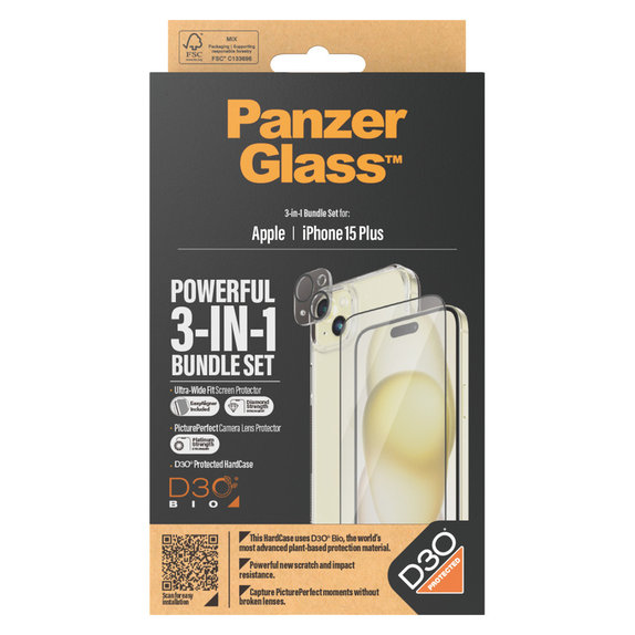 Bundle PicturePerfect + Tempered Glass UWF + Hard Case D3O for iPhone 15 Plus, PanzerGlass