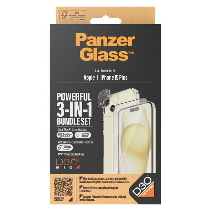 Bundle PicturePerfect + Tempered Glass UWF + Hard Case D3O for iPhone 15 Plus, PanzerGlass