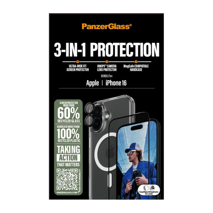 Bundle 3-in-1 Hoops + UWF Tempered Glass + Hard Case for iPhone 16, PanzerGlass