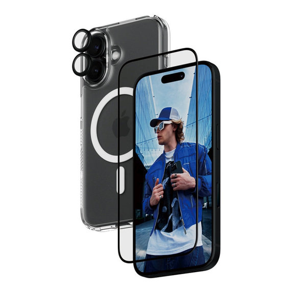 Bundle 3-in-1 Hoops + UWF Tempered Glass + Hard Case for iPhone 16, PanzerGlass