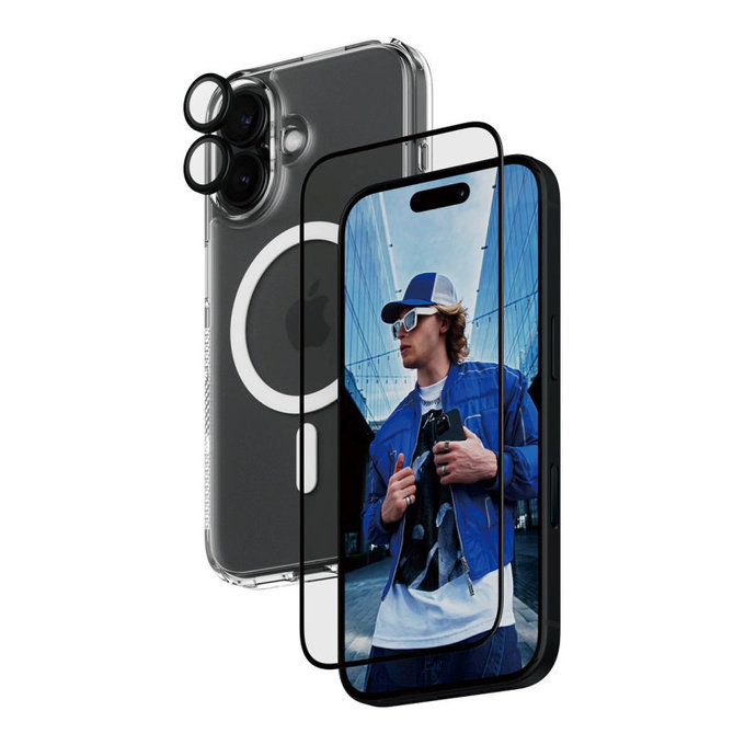 Bundle 3-in-1 Hoops + UWF Tempered Glass + Hard Case for iPhone 16, PanzerGlass