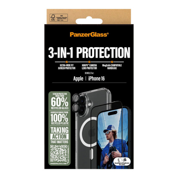 Bundle 3-in-1 Hoops + UWF Tempered Glass + Hard Case for iPhone 16, PanzerGlass