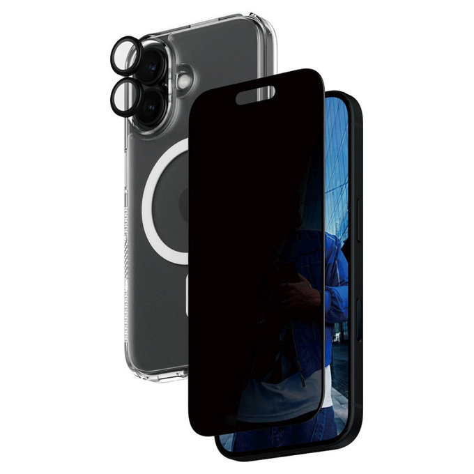 Bundle Hoops + UWF Privacy Tempered Glass + Hard Case for iPhone 16, PanzerGlass