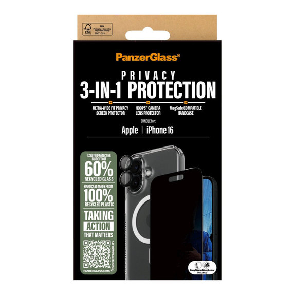 Bundle Hoops + UWF Privacy Tempered Glass + Hard Case for iPhone 16, PanzerGlass