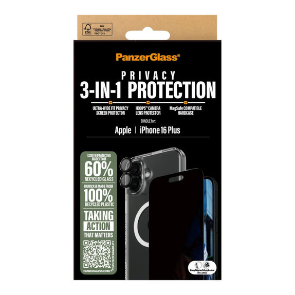 Bundle Hoops + UWF Privacy Tempered Glass + Hard Case for iPhone 16 Plus, PanzerGlass