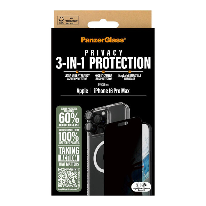 Bundle Hoops + UWF Privacy Tempered Glass + Hard Case for iPhone 16 Pro Max, PanzerGlass