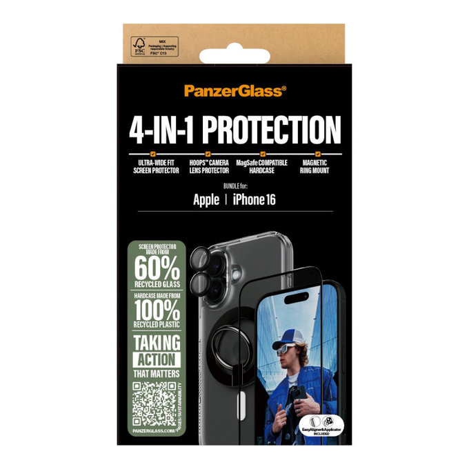 Bundle Hoops + UWF Tempered Glass + Hard Case + Magnetic Ring Mount for iPhone 16, PanzerGlass