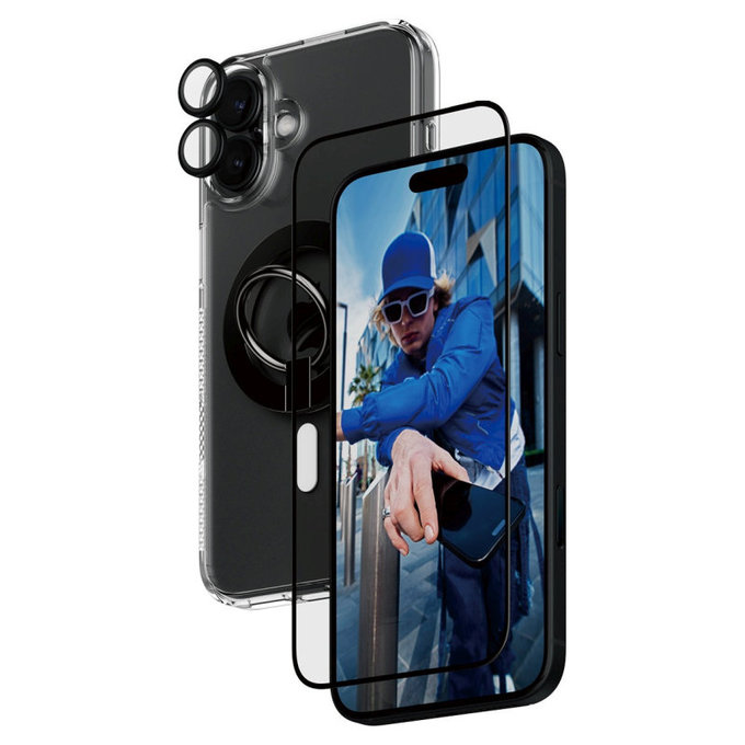 Bundle Hoops + UWF Tempered Glass + Hard Case + Magnetic Ring Mount for iPhone 16 Plus, PanzerGlass