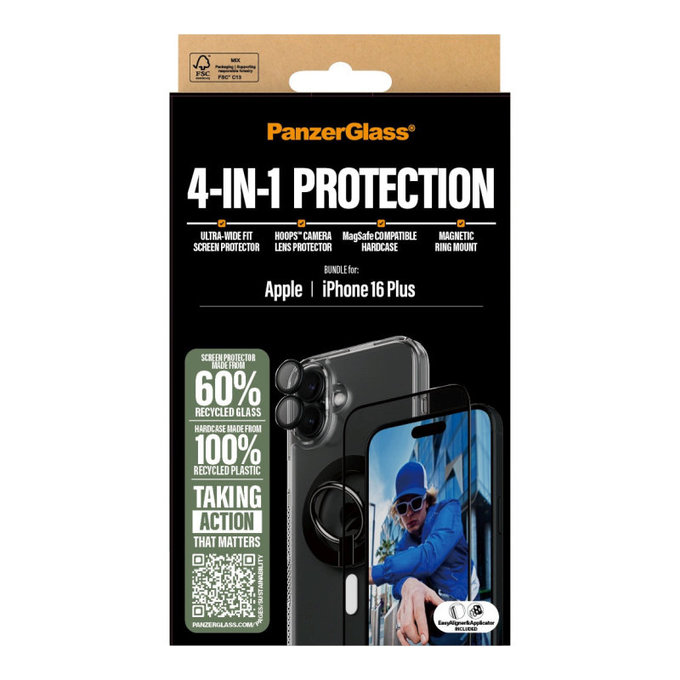 Bundle Hoops + UWF Tempered Glass + Hard Case + Magnetic Ring Mount for iPhone 16 Plus, PanzerGlass