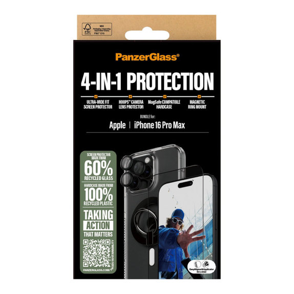 Bundle Hoops + UWF Tempered Glass + Hard Case + Magnetic Ring Mount for iPhone 16 Pro Max, PanzerGlass