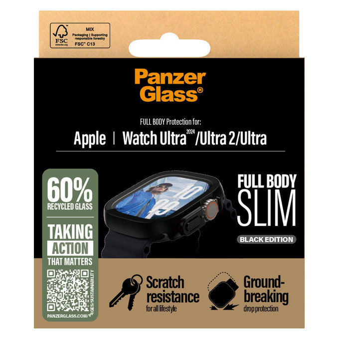 Tempered Glass Full Body Slim for Apple Watch Ultra 2024/Ultra 2/Ultra, Black, PanzerGlass