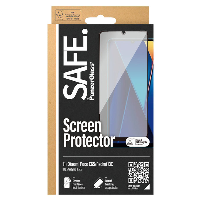 Tempered Glass UWF for Xiaomi Redmi 13C 5G, Black, SAFE by PanzerGlass