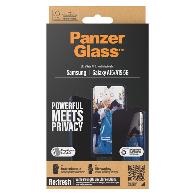 Tempered Glass UWF Privacy with Applicator for Samsung Galaxy A15/A15 5G, Black, PanzerGlass