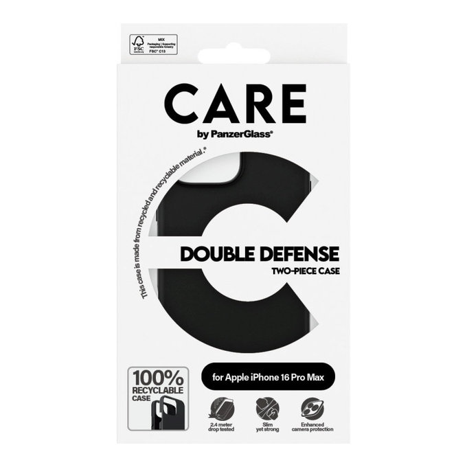 Double Defense Case for iPhone 16 Pro Max, Black, CARE