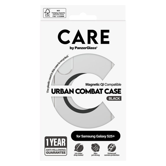 Case Urban Combat with Black QI for Samsung Galaxy S25+, Transparent, PanzerGlass