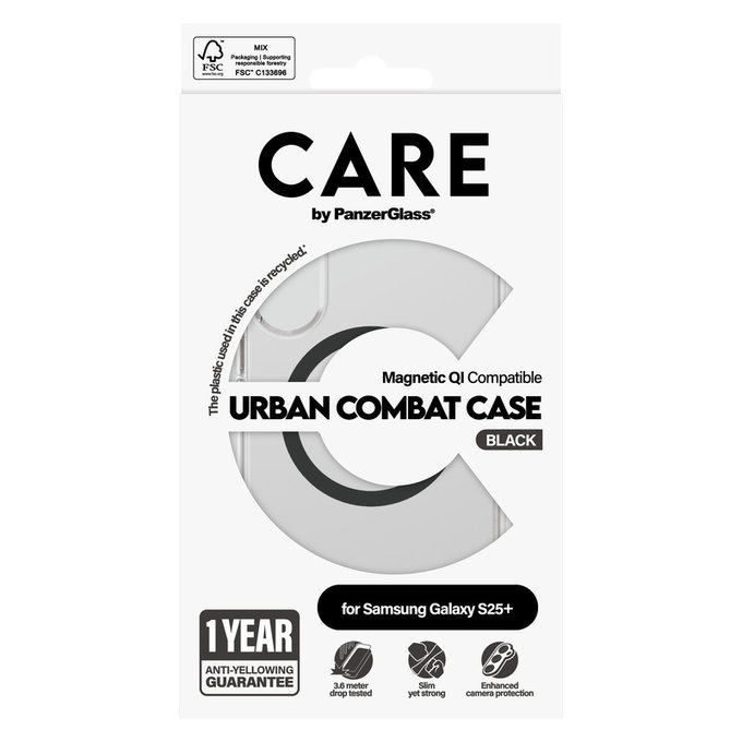 Case Urban Combat with Black QI for Samsung Galaxy S25+, Transparent, PanzerGlass