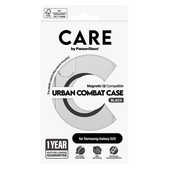 Case Urban Combat with Black QI for Samsung Galaxy S25, Transparent, PanzerGlass