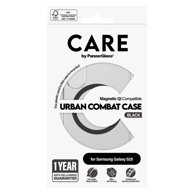 Case Urban Combat with Black QI for Samsung Galaxy S25, Transparent, PanzerGlass
