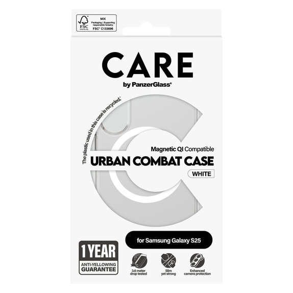 Case Urban Combat with White QI for Samsung Galaxy S25, Transparent, PanzerGlass