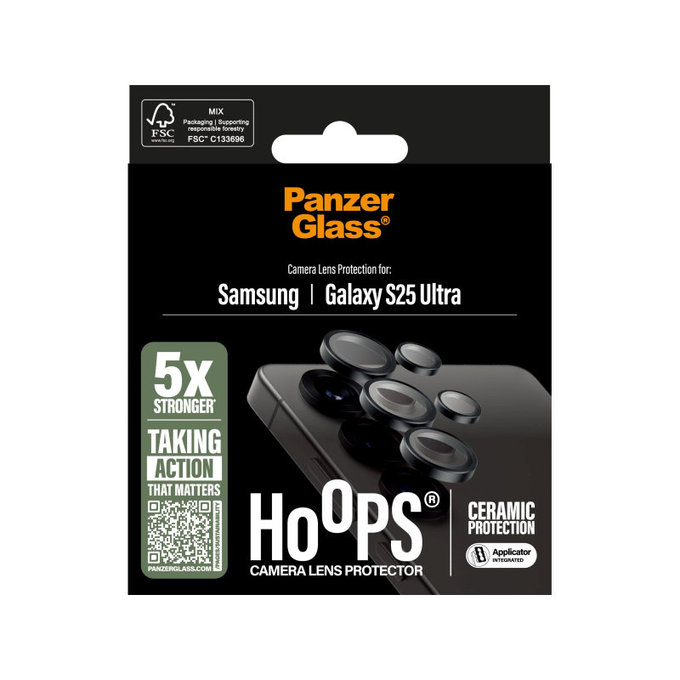 Camera Lens Protector Hoops Ceramic for Samsung S25 Ultra, Black, PanzerGlass