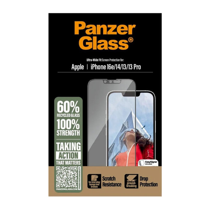 UWF Tempered Glass with Applicator for iPhone 17e/16e/14/13/13 Pro, Black, PanzerGlass