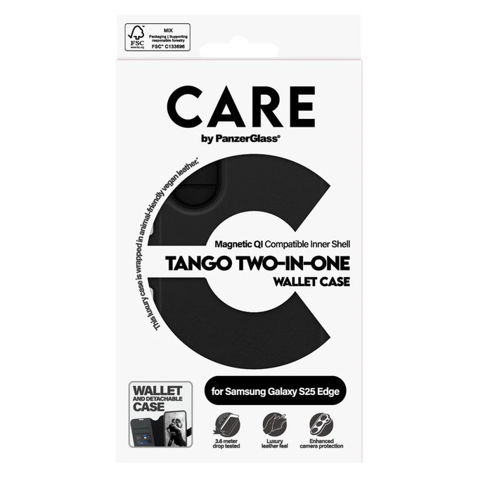 Case Wallet Tango Two-In-One with QI for Samsung Galaxy S25 Edge, Black, PanzerGlass