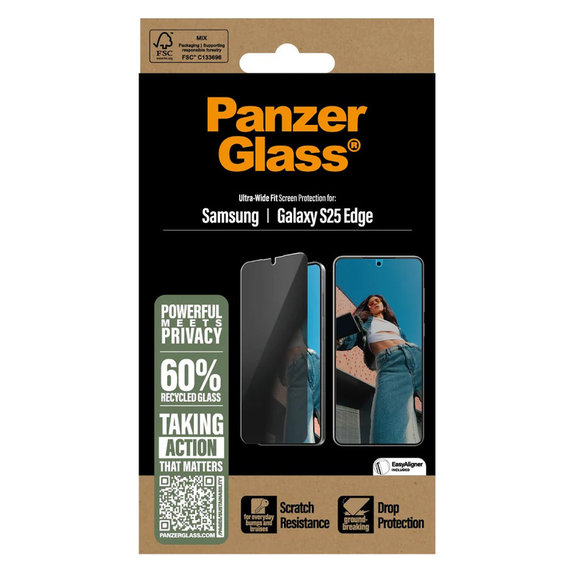 Tempered Glass UWF Privacy with Applicator for Samsung Galaxy S25 Edge, Clear, PanzerGlass