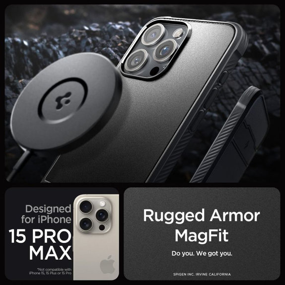 Spigen - Case Rugged Armor with MagSafe for iPhone 15 Pro Max, Matte Black