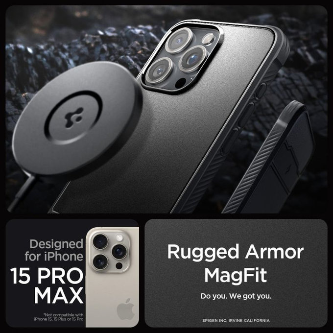 Spigen - Case Rugged Armor with MagSafe for iPhone 15 Pro Max, Matte Black