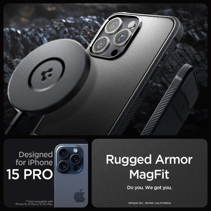 Spigen - Case Rugged Armor with MagSafe for iPhone 15 Pro, Matte Black