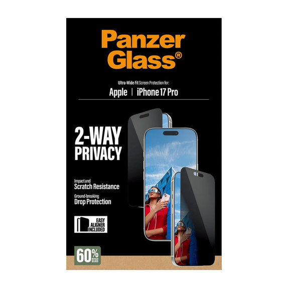 UWF 2-Way Privacy Tempered Glass with Applicator for iPhone 17 Pro, Black, PanzerGlass