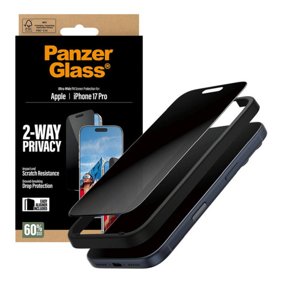 UWF 2-Way Privacy Tempered Glass with Applicator for iPhone 17 Pro, Black, PanzerGlass