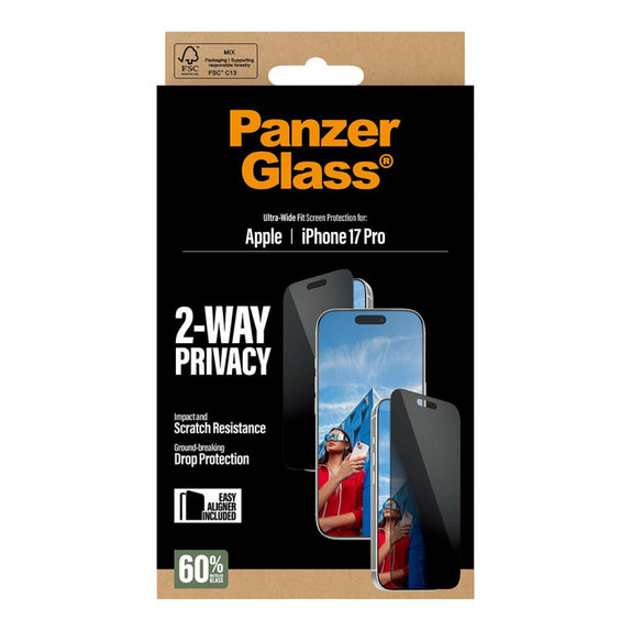 UWF 2-Way Privacy Tempered Glass with Applicator for iPhone 17 Pro, Black, PanzerGlass