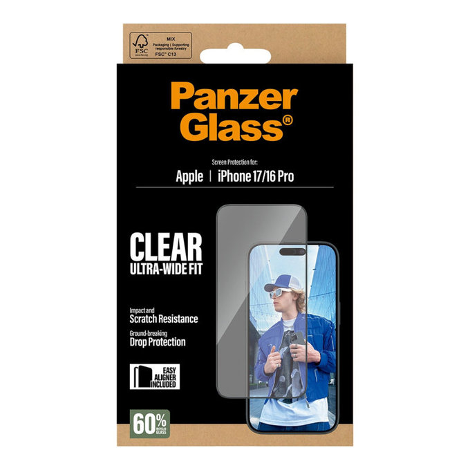 UWF Tempered Glass with Applicator for iPhone 17/16 Pro, Black, PanzerGlass