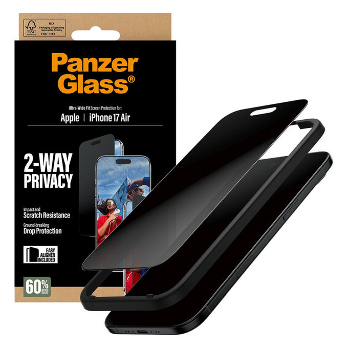 Tempered Glass UWF 2-Way Privacy with Applicator for iPhone 17 Air, Black, PanzerGlass