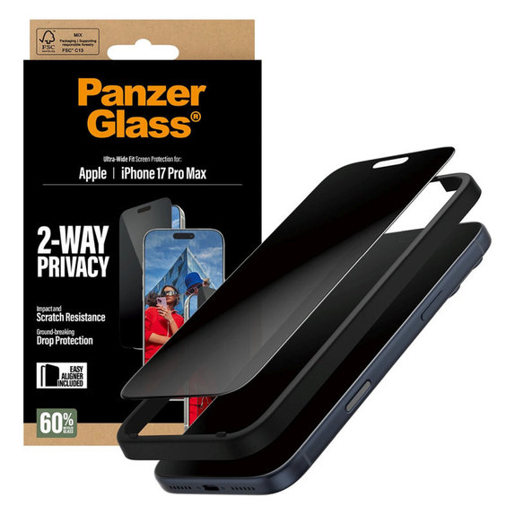 UWF 2-Way Privacy Tempered Glass with Fastfit for iPhone 17 Pro Max, Black, PanzerGlass