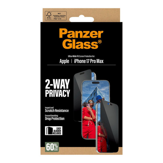 UWF 2-Way Privacy Tempered Glass with Fastfit for iPhone 17 Pro Max, Black, PanzerGlass
