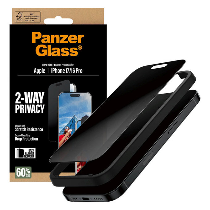 UWF 2-Way Privacy Tempered Glass with Fastfit for iPhone 17/16 Pro, Black, PanzerGlass