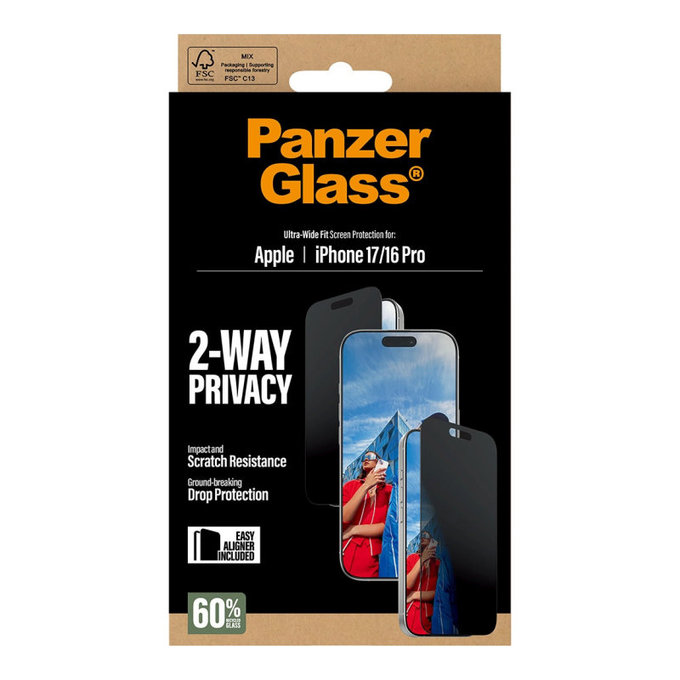 UWF 2-Way Privacy Tempered Glass with Fastfit for iPhone 17/16 Pro, Black, PanzerGlass