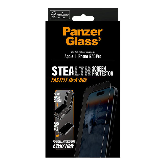 Tempered Glass UWF Stealth with Fastfit for iPhone 17/16 Pro, Black, PanzerGlass