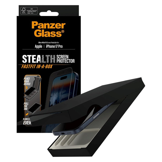 Tempered Glass UWF Stealth with Fastfit for iPhone 17 Pro, Black, PanzerGlass