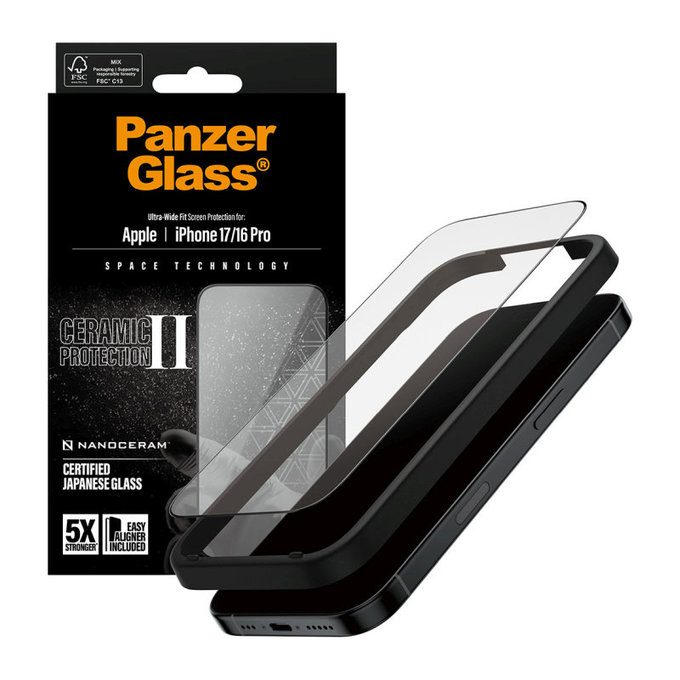 UWF Ceramic II Tempered Glass with Fastfit for iPhone 17/16 Pro, Black, PanzerGlass