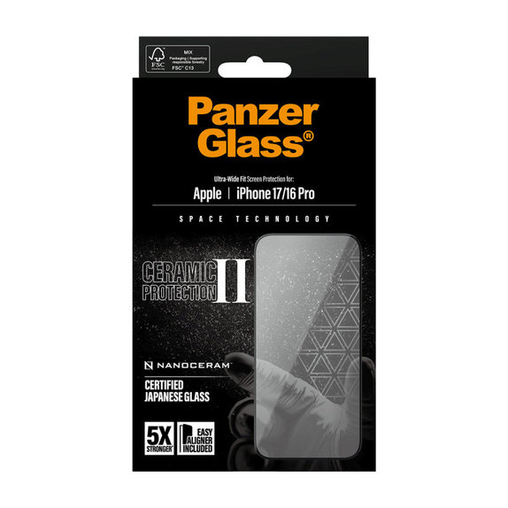 UWF Ceramic II Tempered Glass with Fastfit for iPhone 17/16 Pro, Black, PanzerGlass