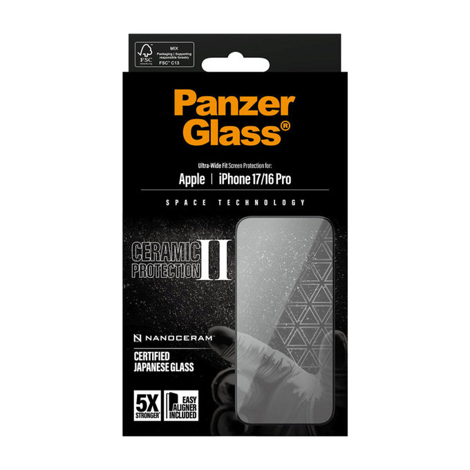 UWF Ceramic II Tempered Glass with Fastfit for iPhone 17/16 Pro, Black, PanzerGlass