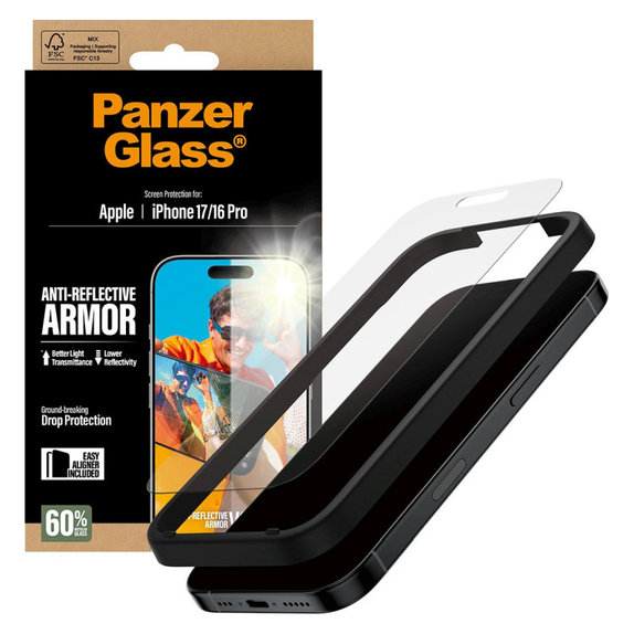 Tempered Glass Anti-Reflective with Applicator for iPhone 17/16 Pro, Black, PanzerGlass