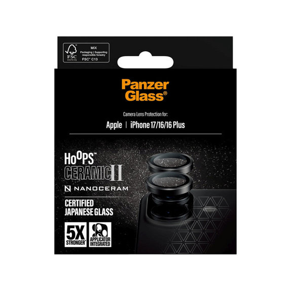 Camera Lens Protector Hoops Ceramic II for iPhone 17/16 Plus/16, Black, PanzerGlass