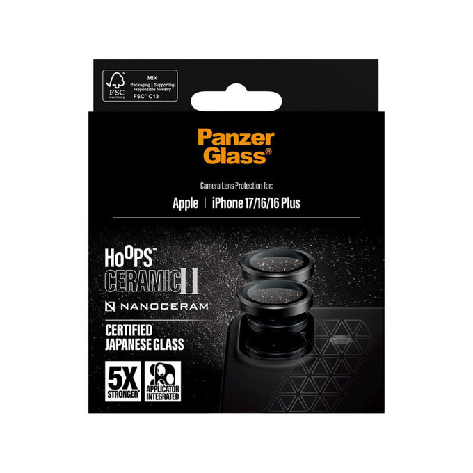 Camera Lens Protector Hoops Ceramic II for iPhone 17/16 Plus/16, Black, PanzerGlass