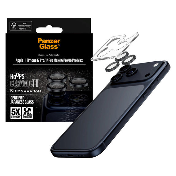 Hoops Ceramic II Camera Lens Protector for iPhone 17 Pro Max/17 Pro/16 Pro Max/16 Pro, Black, PanzerGlass